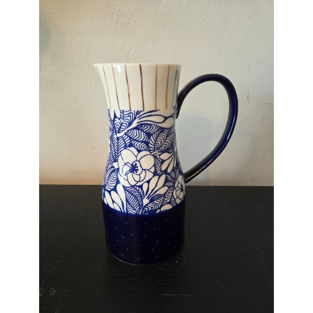 Anthropologie Garden Guest Pitcher Vase Blue Gold Floral Carla Dinnage 9.5''